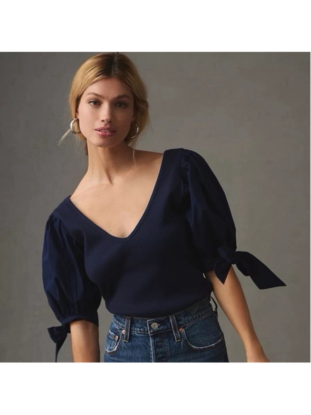 Anthropologie Maeve Puff-Sleeved Top V-Neck Navy Blue Adjustable Tie Cuffs M